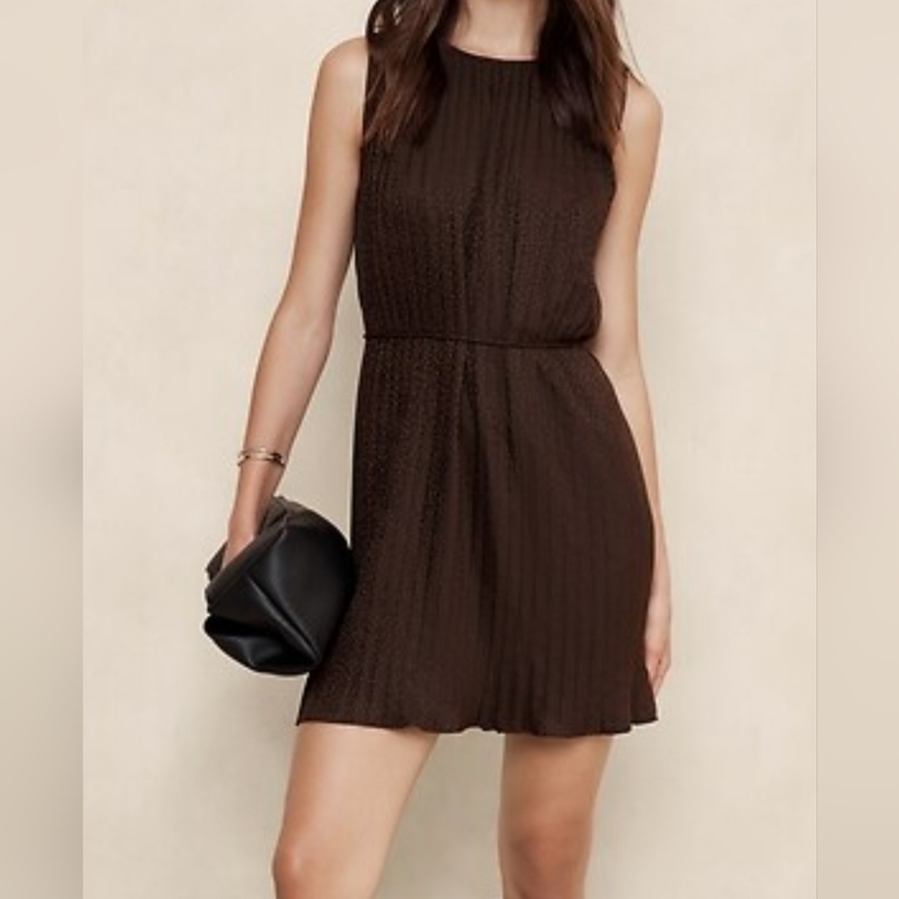 Banana Republic Women's Sleeveless Jacquard Pleated Mini Dress in Dark Oak Brown